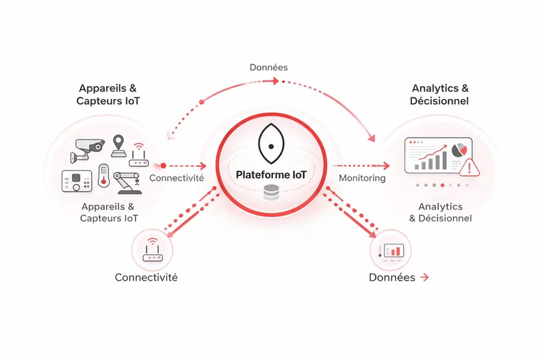 Schéma de l'architecture du système PowerConnect : modules communicants, API centralisée, interface utilisateur responsive.